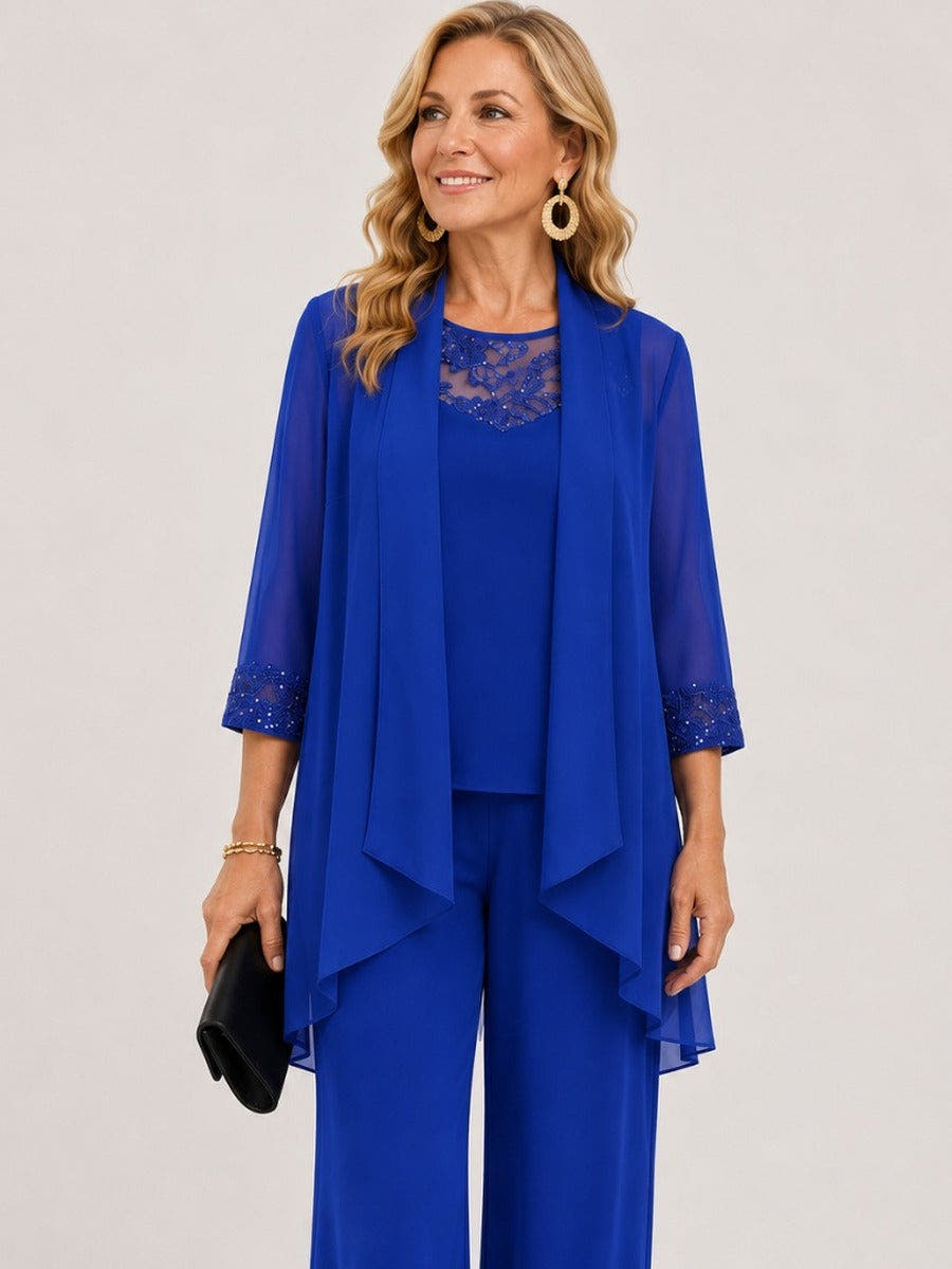 Prisca | 3-Piece Chiffon Jacket, Top & Wide-Leg Trousers Set