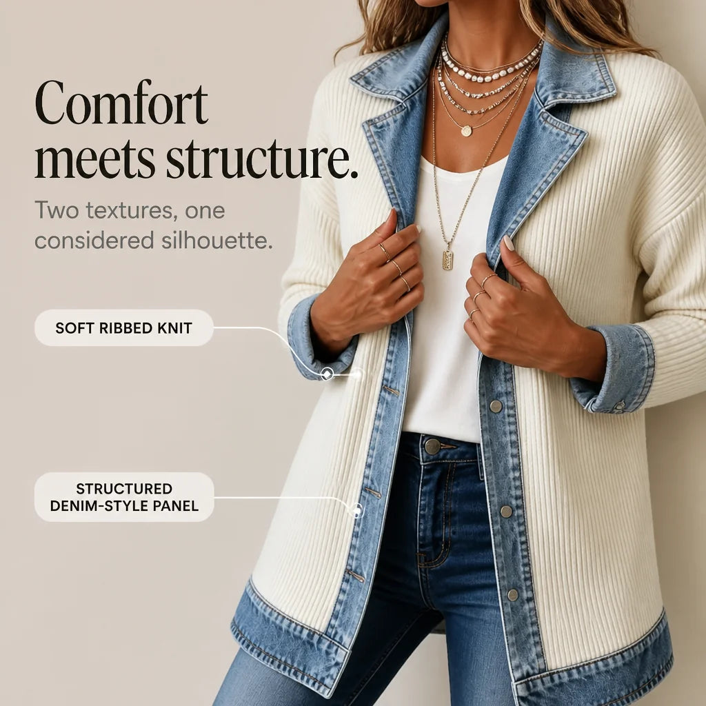 Ribova | Ribbed Knit Coat with Denim Panels