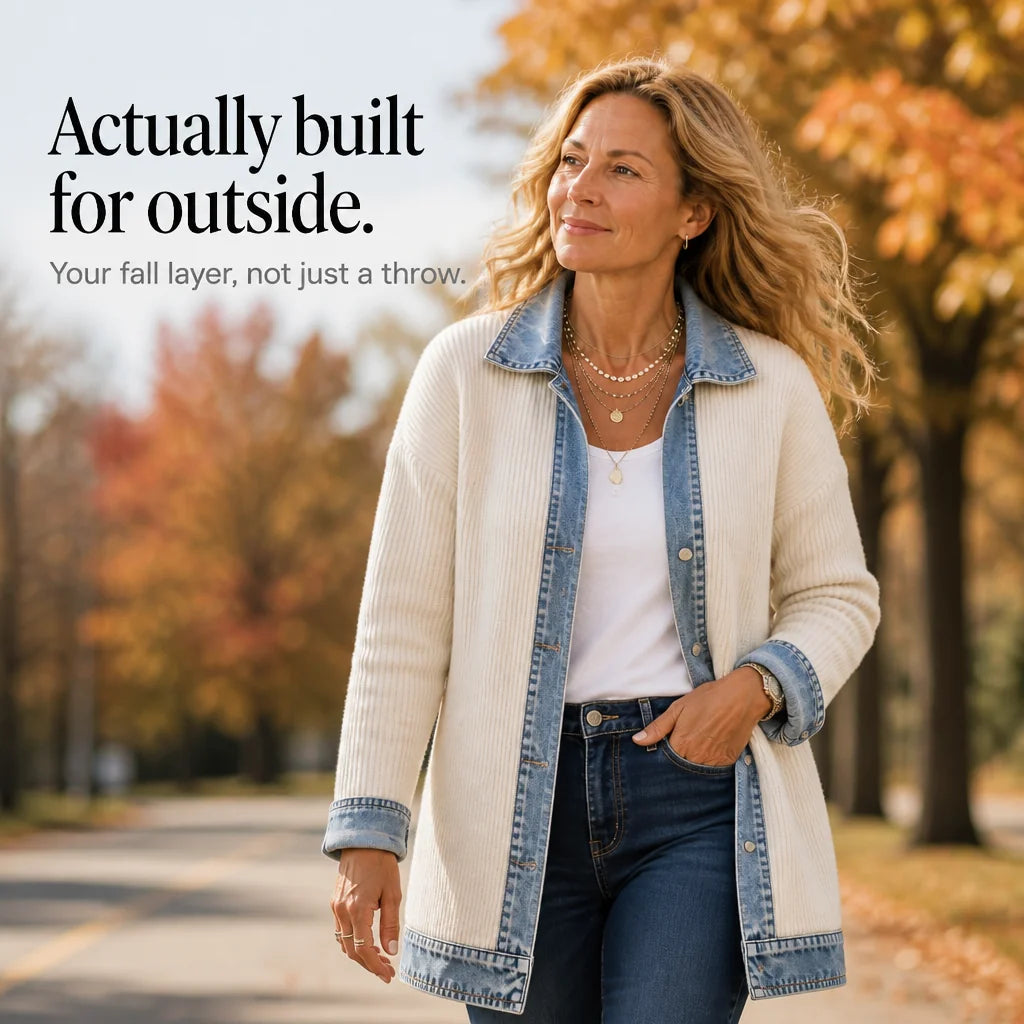 Ribova | Ribbed Knit Coat with Denim Panels