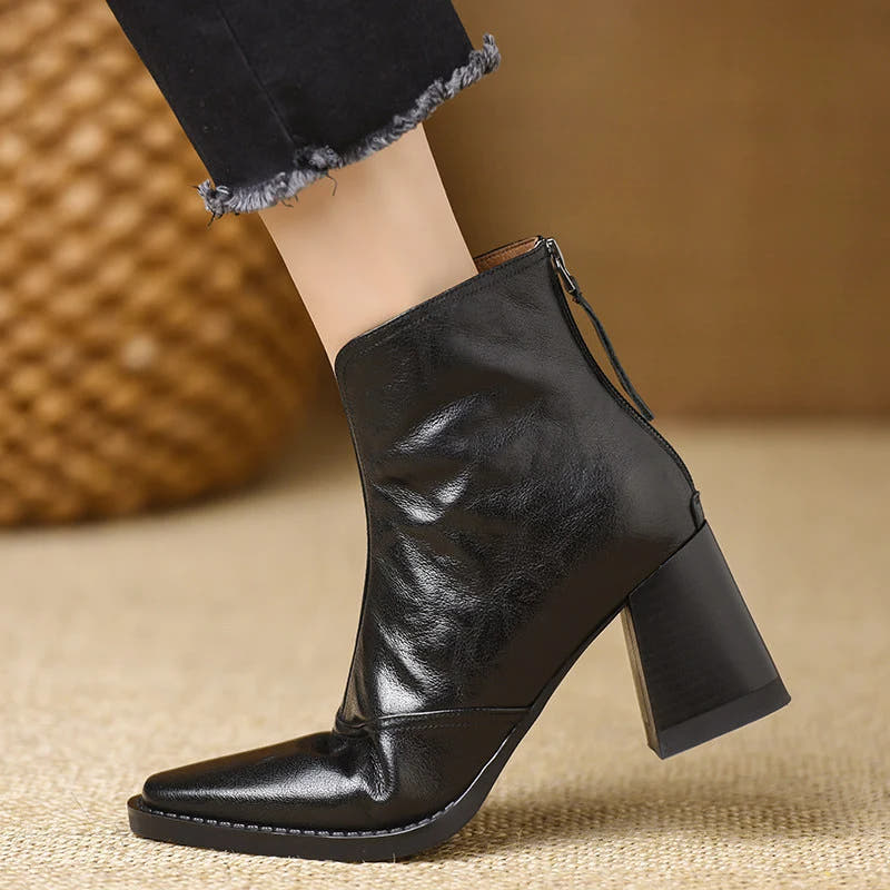 Rosalie | Leather V-Front Block Heel Ankle Boots