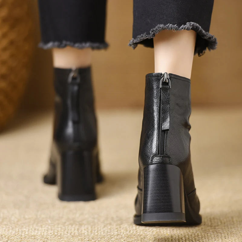 Rosalie | Leather V-Front Block Heel Ankle Boots