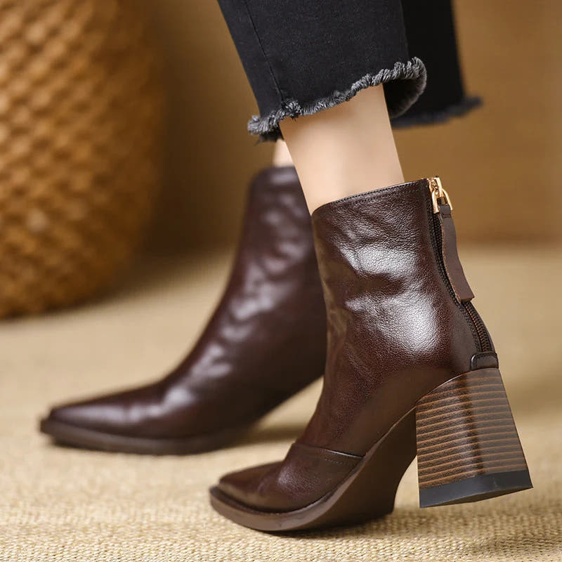 Rosalie | Leather V-Front Block Heel Ankle Boots