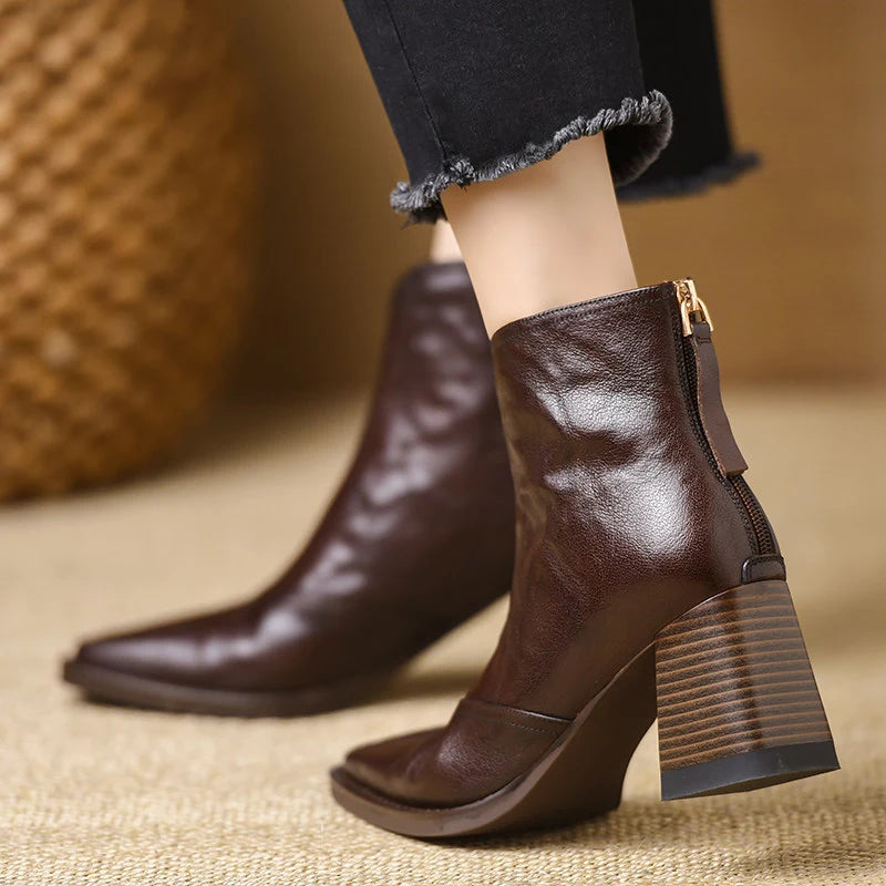 Rosalie | Leather V-Front Block Heel Ankle Boots