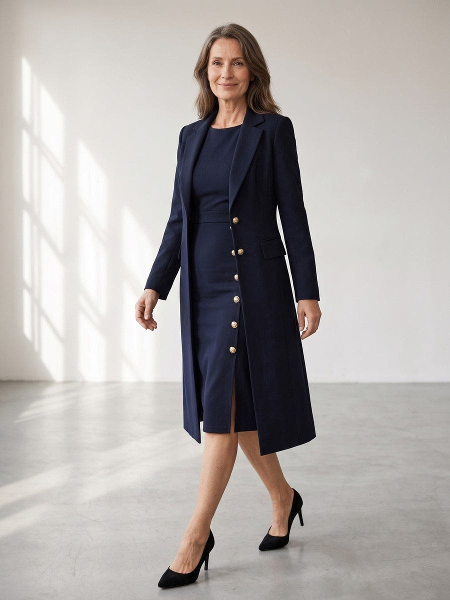 Santina | Long Blazer & Sleeveless Gold-Button Dress Set