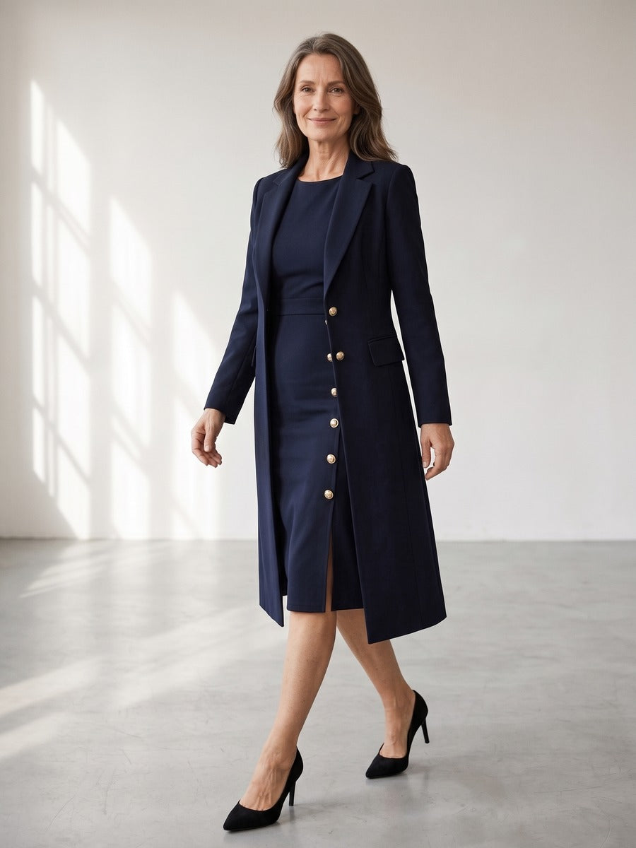 Santina | Long Blazer & Sleeveless Gold-Button Dress Set