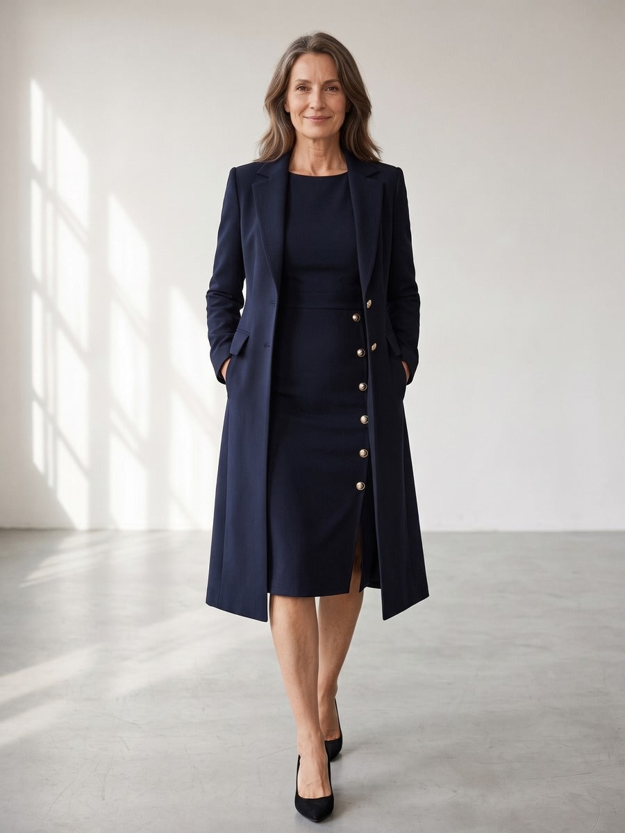 Santina | Long Blazer & Sleeveless Gold-Button Dress Set