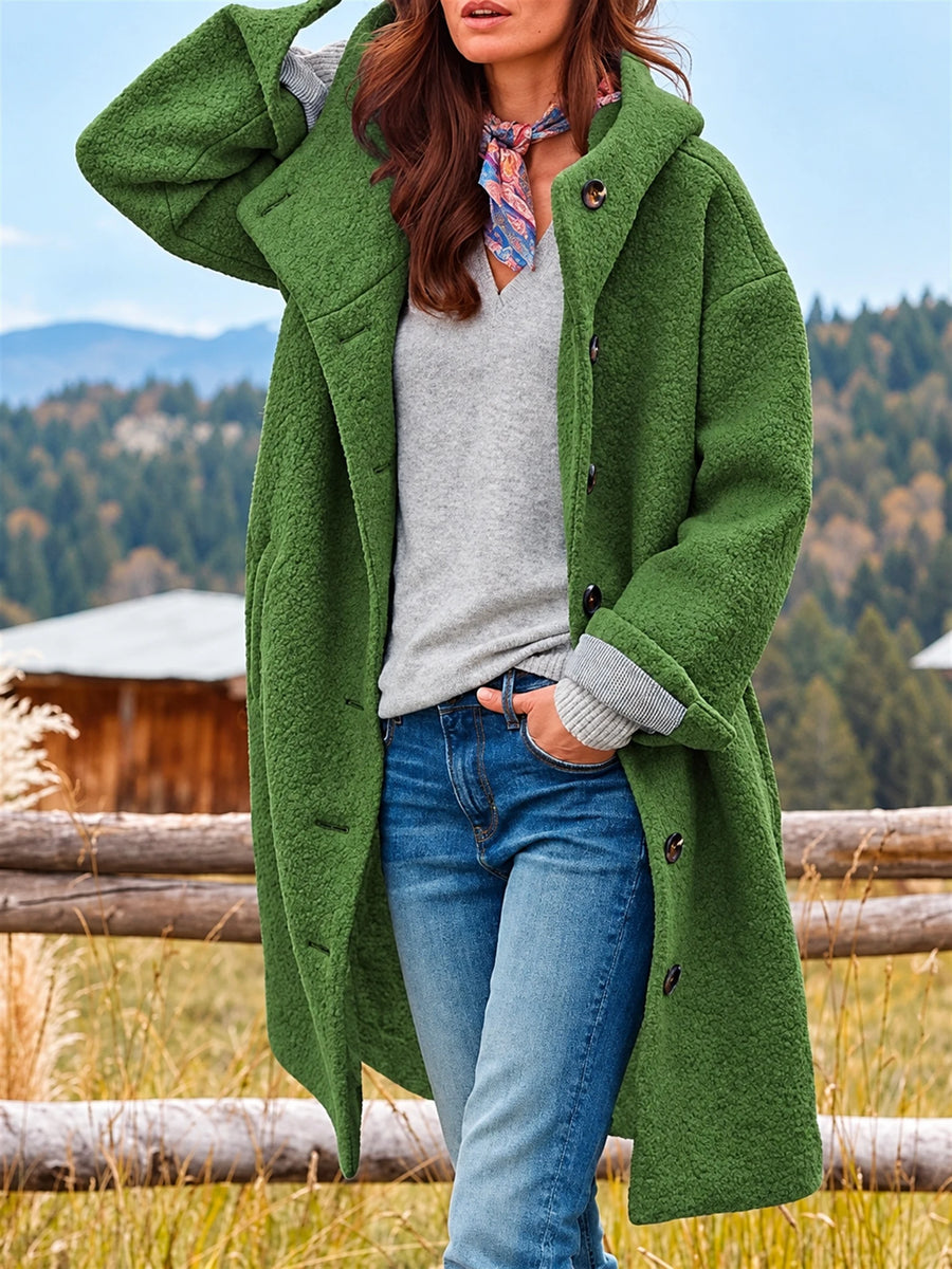 Victoria Women's Long Hooded Button-Front Fleece Coat - Nora & Rose Maine, view 2