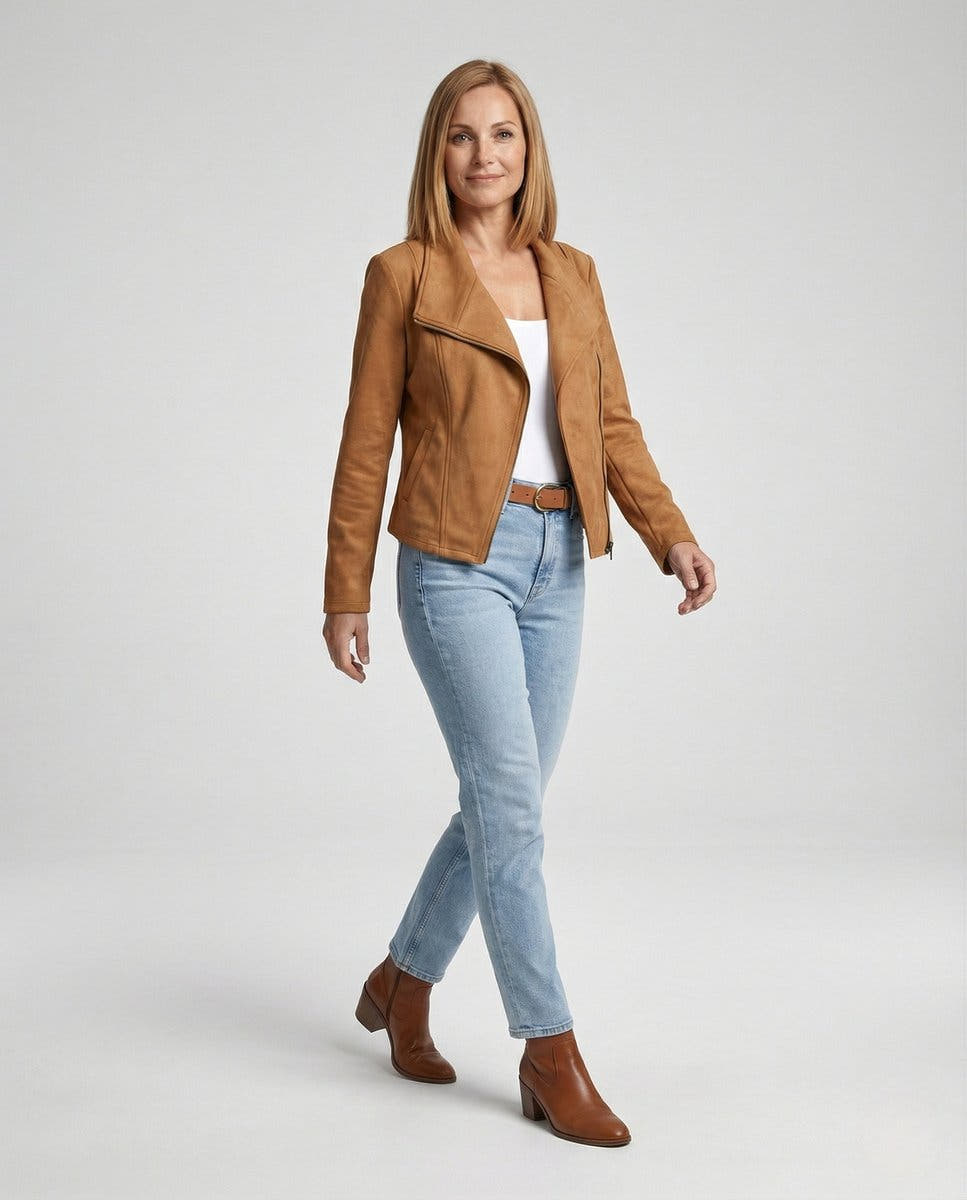 Isabella Women's Asymmetric-Zip Tailored Faux Suede Biker Soft-Touch Jacket - Nora & Rose Maine