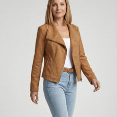 Isabella Women's Asymmetric-Zip Tailored Faux Suede Biker Soft-Touch Jacket - Nora & Rose Maine, view 2
