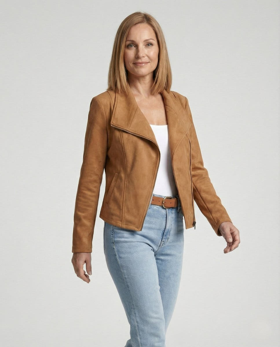 Isabella Women's Asymmetric-Zip Tailored Faux Suede Biker Soft-Touch Jacket - Nora & Rose Maine, view 2