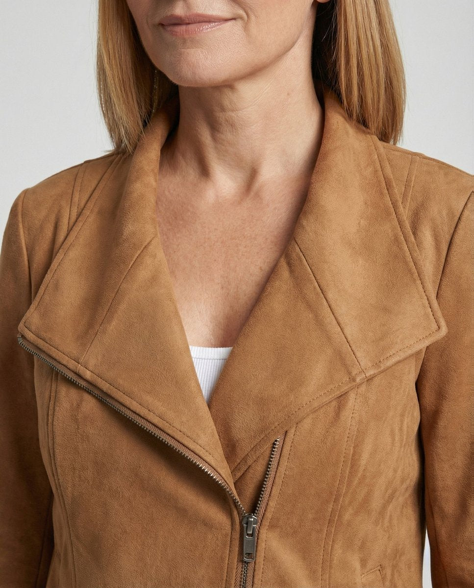 Isabella Women's Asymmetric-Zip Tailored Faux Suede Biker Soft-Touch Jacket - Nora & Rose Maine, view 3