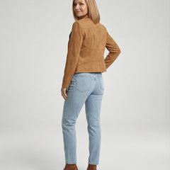 Isabella Women's Asymmetric-Zip Tailored Faux Suede Biker Soft-Touch Jacket - Nora & Rose Maine, view 4