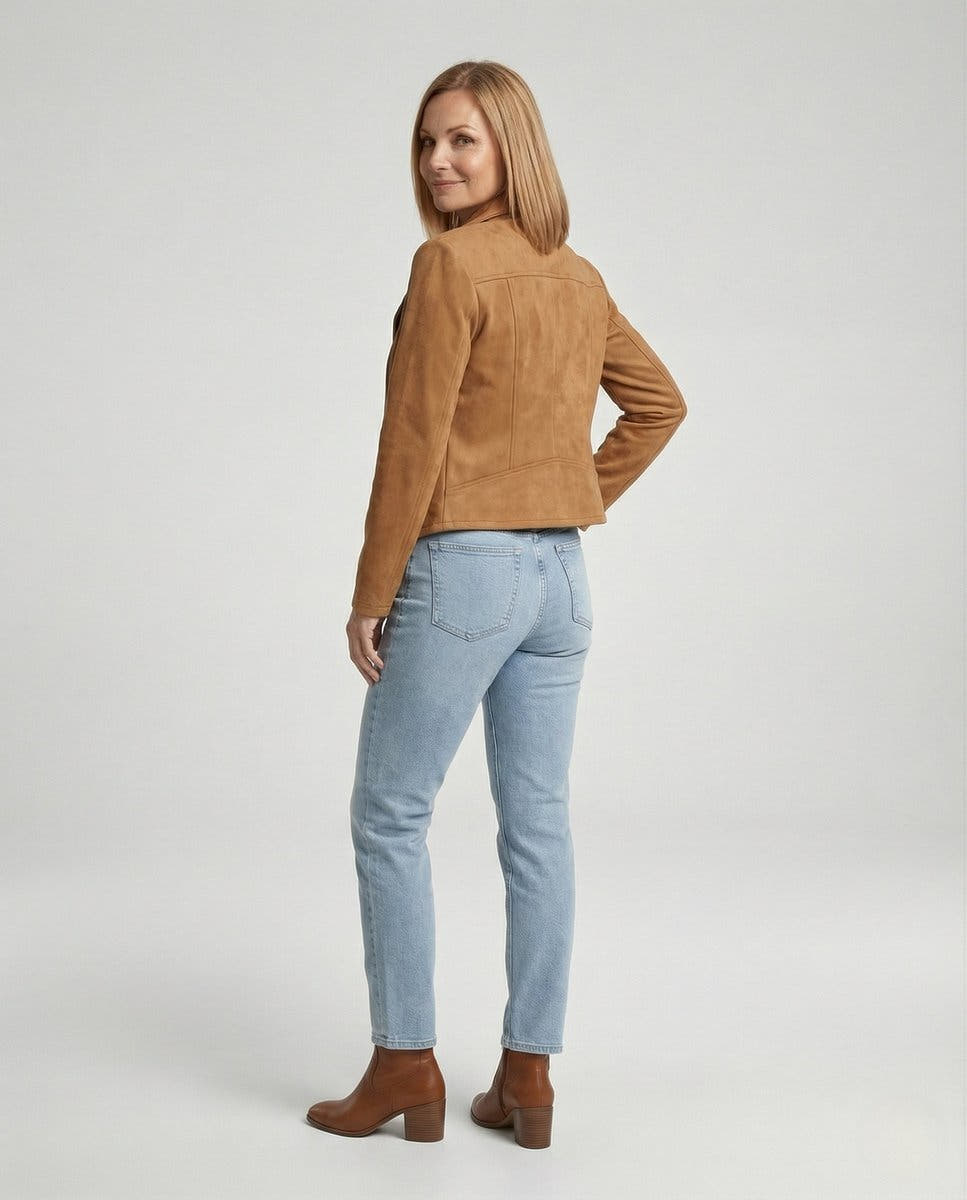 Isabella Women's Asymmetric-Zip Tailored Faux Suede Biker Soft-Touch Jacket - Nora & Rose Maine, view 4