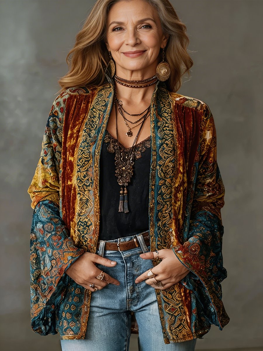 Sophia Women's Boho Quilted Jacket Loose Fit Vintage Kimono Cardigan - Nora & Rose Maine