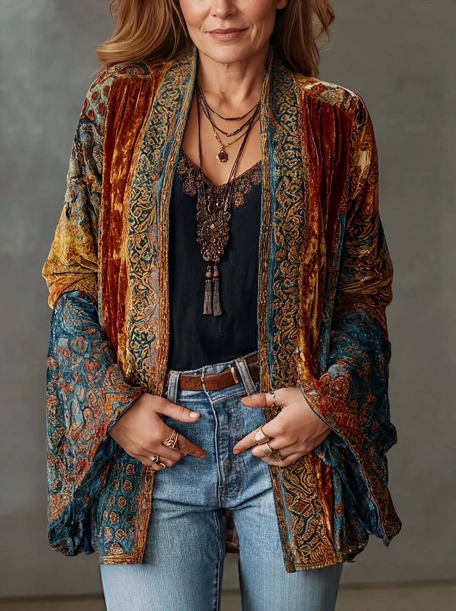Sophia Women's Boho Quilted Jacket Loose Fit Vintage Kimono Cardigan - Nora & Rose Maine, view 3