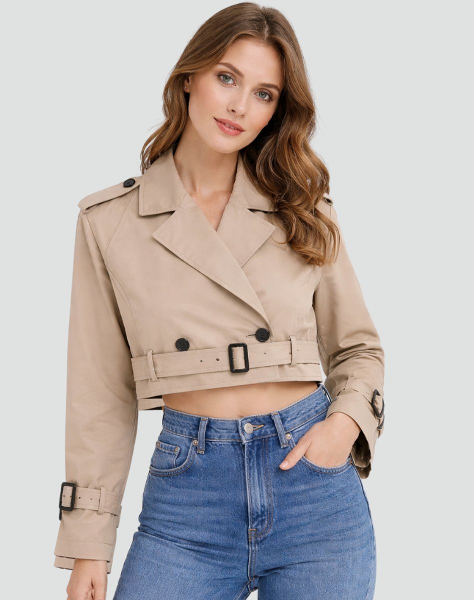 Madison Women's Cropped Double-Breasted Belted Trench Coat Jacket - Nora & Rose Maine