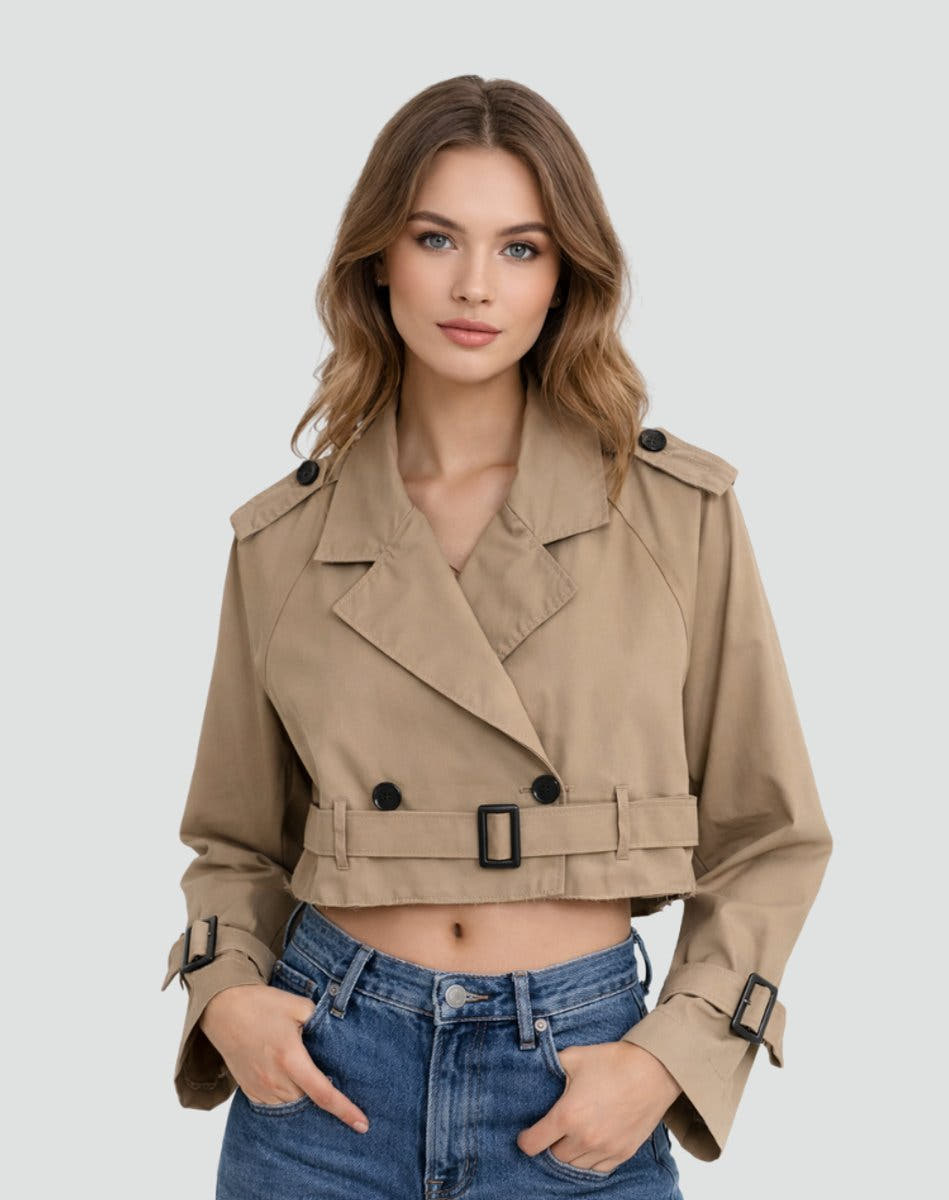 Madison Women's Cropped Double-Breasted Belted Trench Coat Jacket - Nora & Rose Maine, view 4