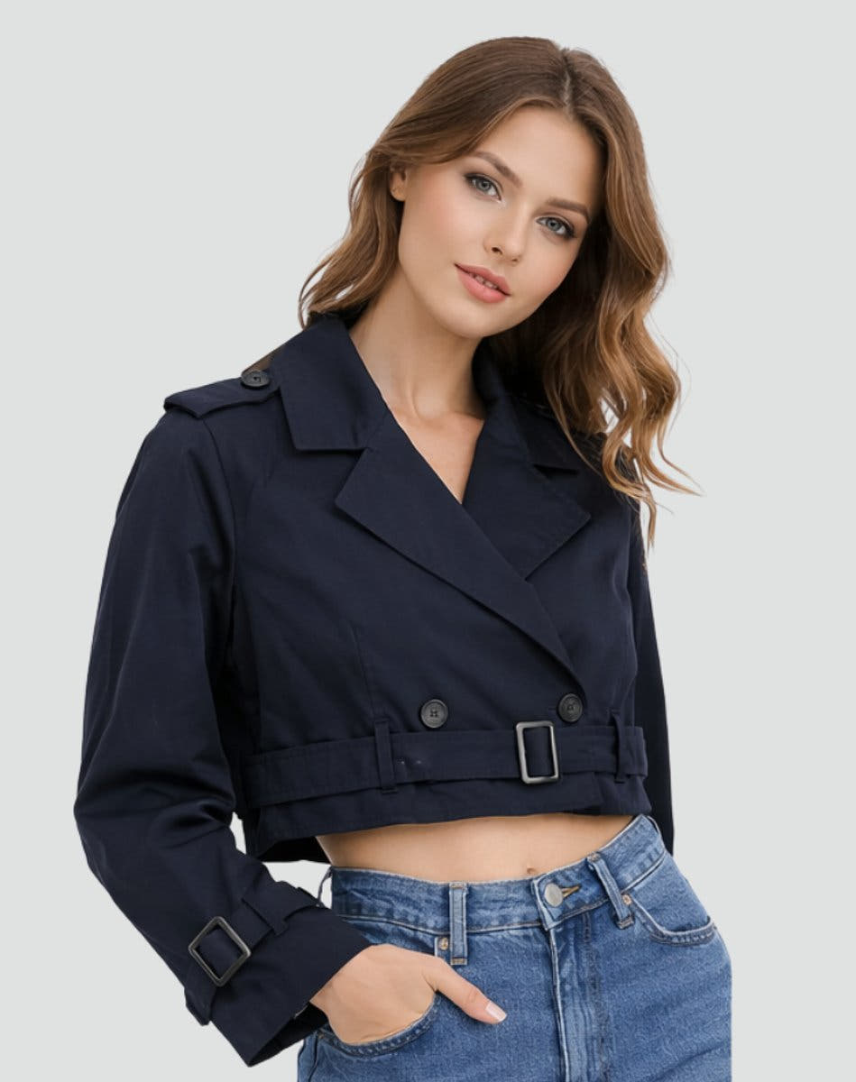 Madison Women's Cropped Double-Breasted Belted Trench Coat Jacket - Nora & Rose Maine, view 5
