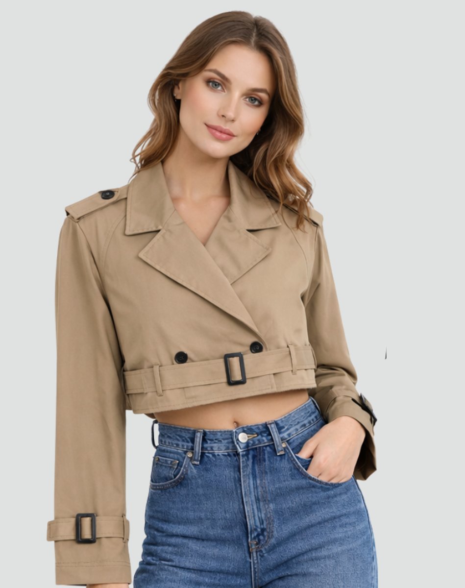 Madison Women's Cropped Double-Breasted Belted Trench Coat Jacket - Nora & Rose Maine, view 6