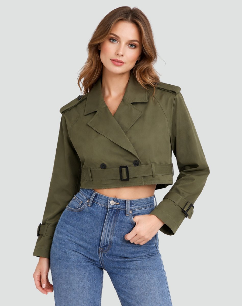 Madison Women's Cropped Double-Breasted Belted Trench Coat Jacket - Nora & Rose Maine, view 7