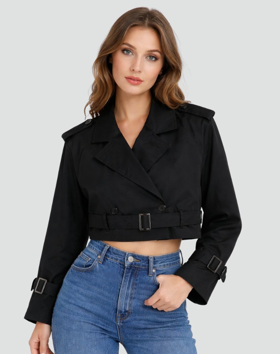 Madison Women's Cropped Double-Breasted Belted Trench Coat Jacket - Nora & Rose Maine, view 9