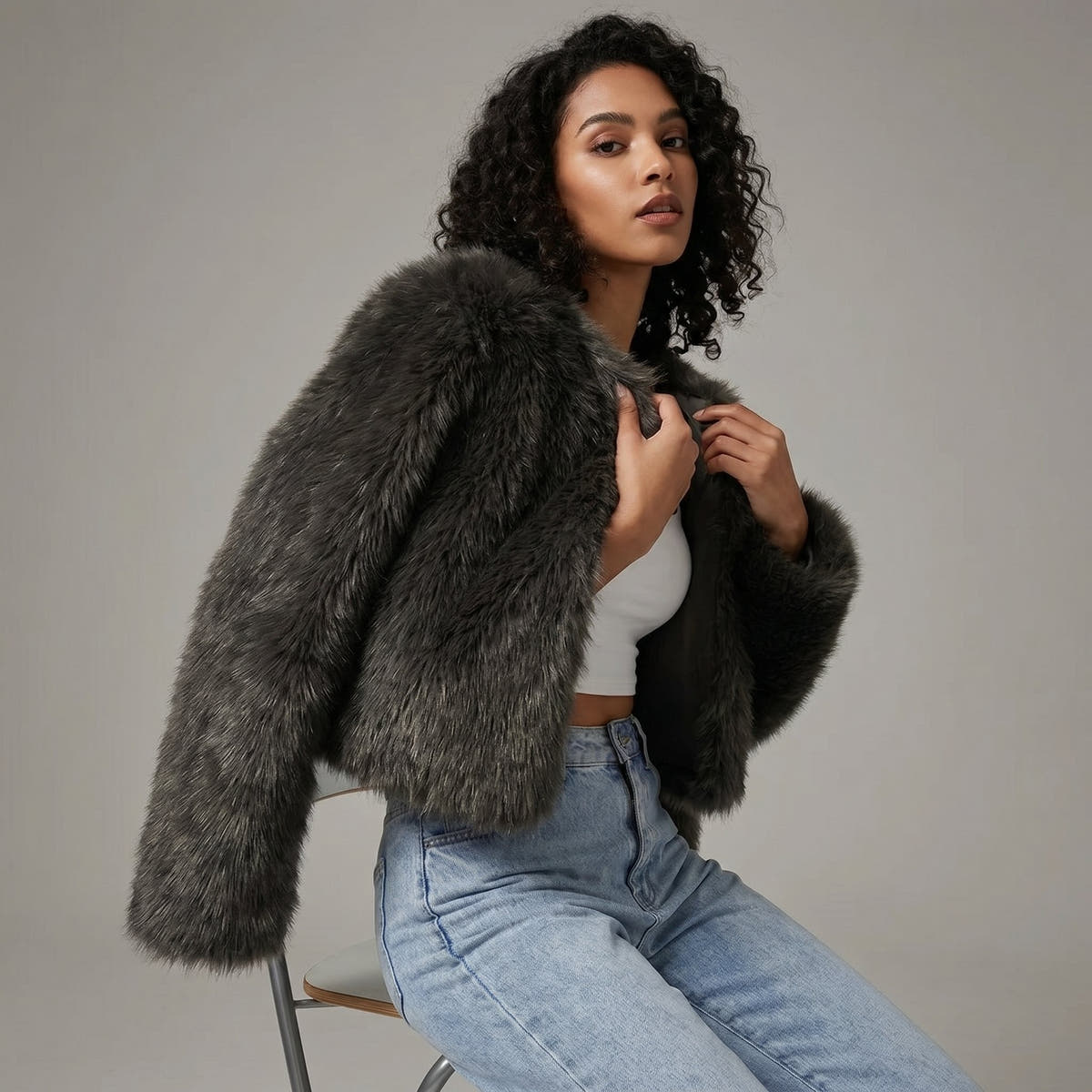Mia Women's Cropped Faux Fur Cardigan Jacket - Nora & Rose Maine, view 3