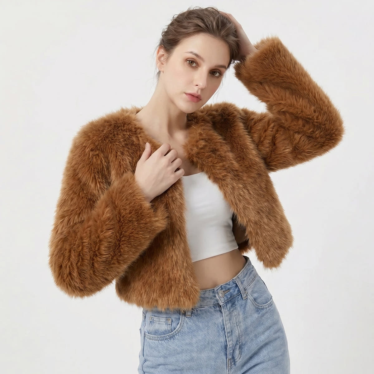 Mia Women's Cropped Faux Fur Cardigan Jacket - Nora & Rose Maine, view 4