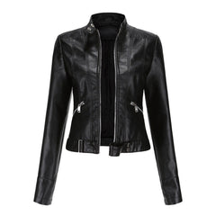Victoria Women's Cropped Faux Leather Jacket Stand-Collar Moto Biker - Nora & Rose Maine