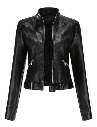 Victoria Women's Cropped Faux Leather Jacket Stand-Collar Moto Biker - Nora & Rose Maine