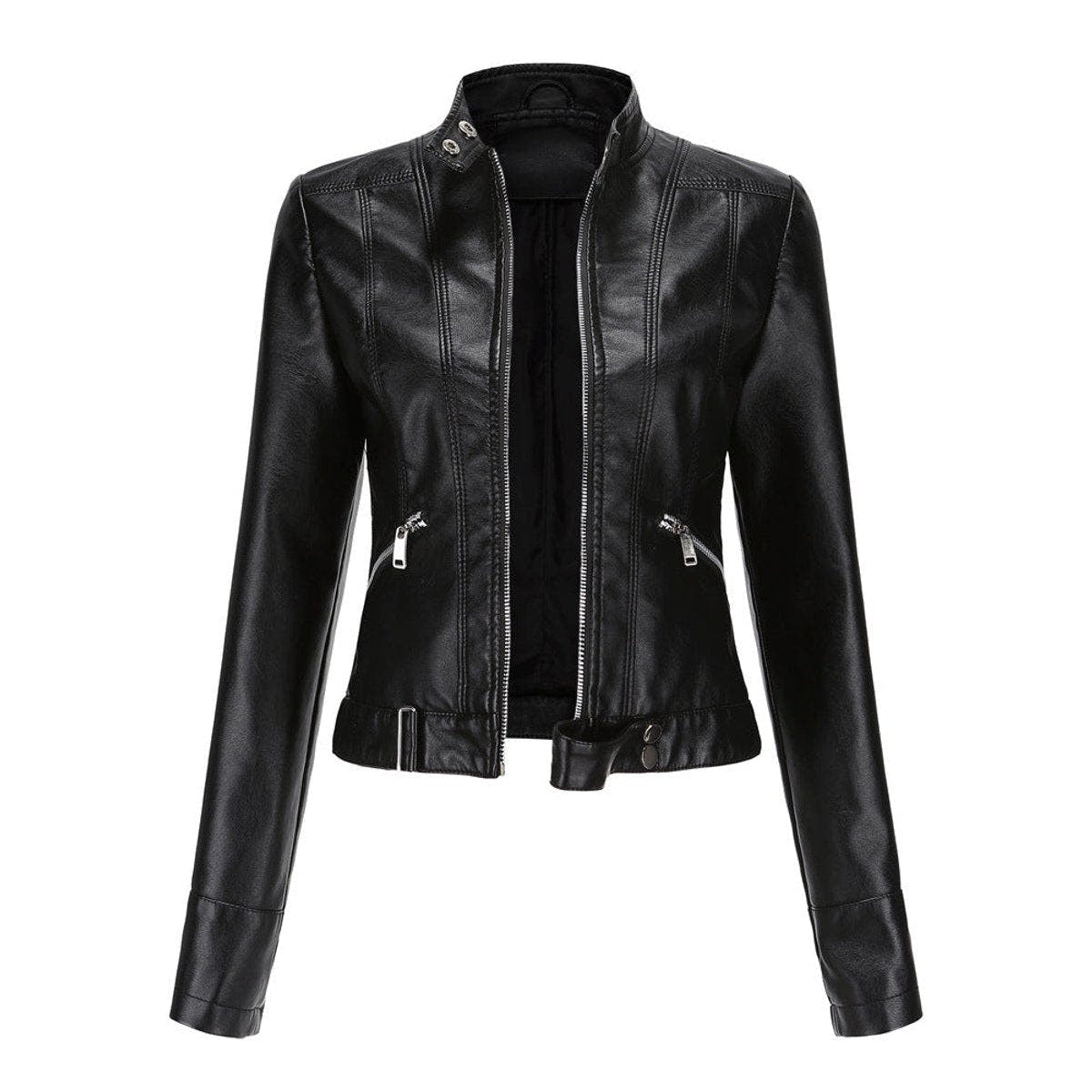 Victoria Women's Cropped Faux Leather Jacket Stand-Collar Moto Biker - Nora & Rose Maine