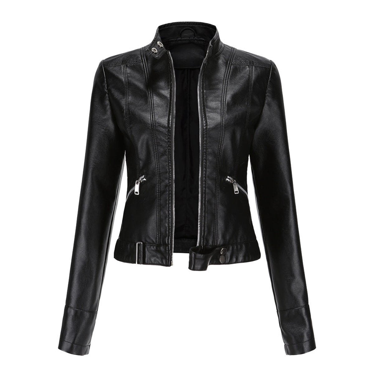 Victoria Women's Cropped Faux Leather Jacket Stand-Collar Moto Biker - Nora & Rose Maine