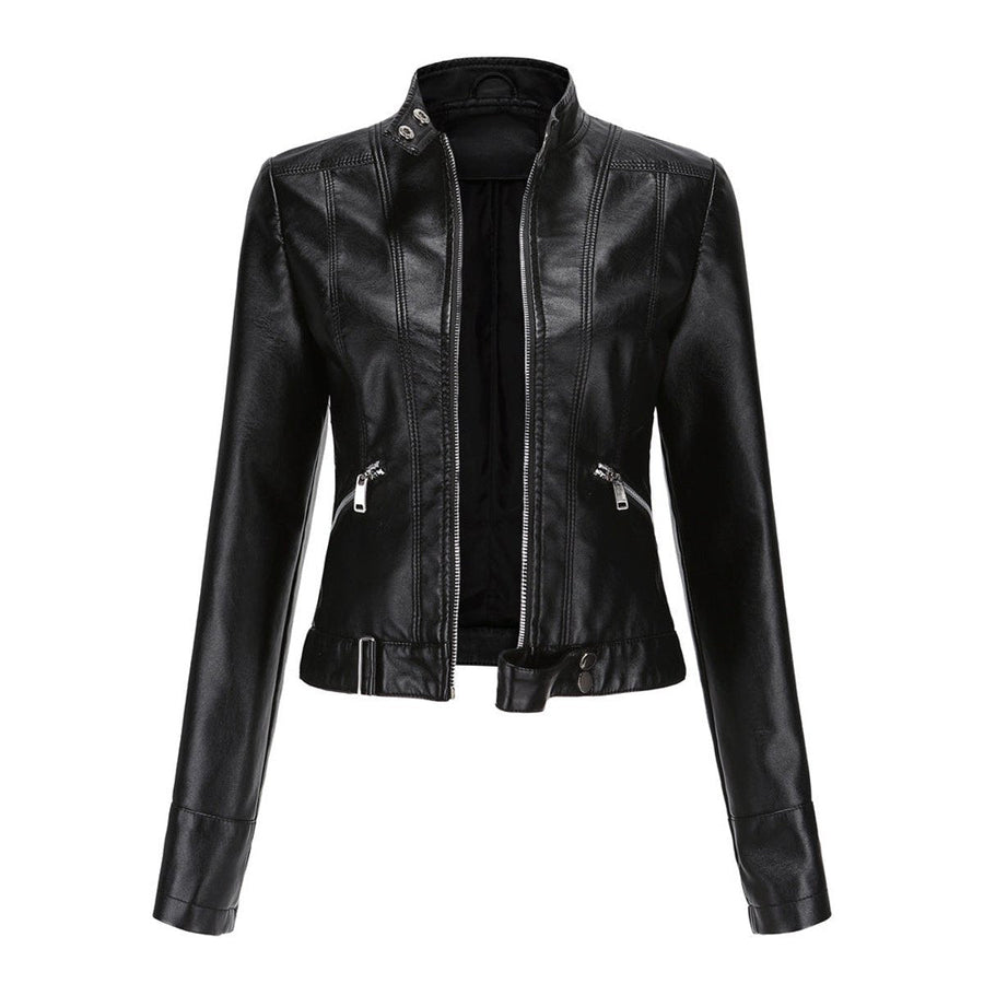 Victoria Women's Cropped Faux Leather Jacket Stand-Collar Moto Biker - Nora & Rose Maine