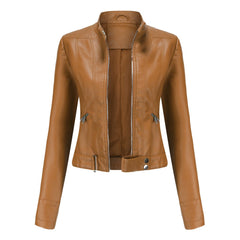 Victoria Women's Cropped Faux Leather Jacket Stand-Collar Moto Biker - Nora & Rose Maine, view 2
