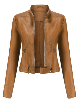 Victoria Women's Cropped Faux Leather Jacket Stand-Collar Moto Biker - Nora & Rose Maine, view 2