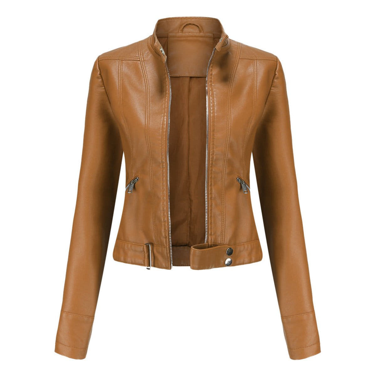 Victoria Women's Cropped Faux Leather Jacket Stand-Collar Moto Biker - Nora & Rose Maine, view 2