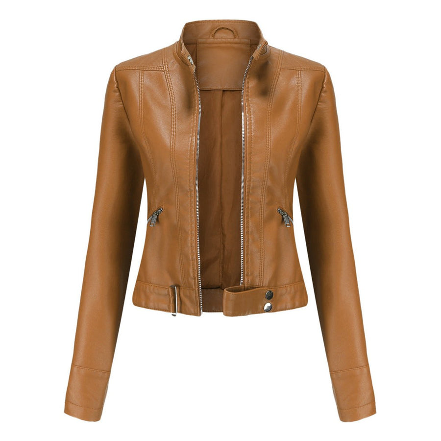 Victoria Women's Cropped Faux Leather Jacket Stand-Collar Moto Biker - Nora & Rose Maine, view 2