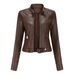 Victoria Women's Cropped Faux Leather Jacket Stand-Collar Moto Biker - Nora & Rose Maine, view 3