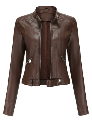 Victoria Women's Cropped Faux Leather Jacket Stand-Collar Moto Biker - Nora & Rose Maine, view 3
