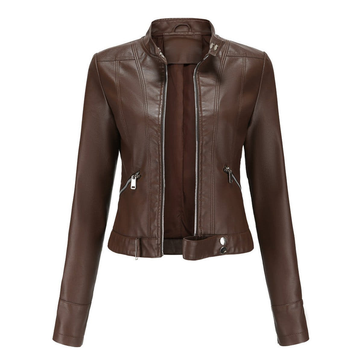 Victoria Women's Cropped Faux Leather Jacket Stand-Collar Moto Biker - Nora & Rose Maine, view 3