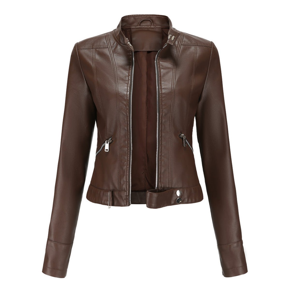 Victoria Women's Cropped Faux Leather Jacket Stand-Collar Moto Biker - Nora & Rose Maine, view 3