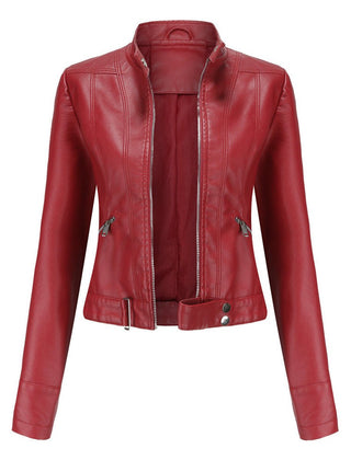 Victoria Women's Cropped Faux Leather Jacket Stand-Collar Moto Biker - Nora & Rose Maine, view 5