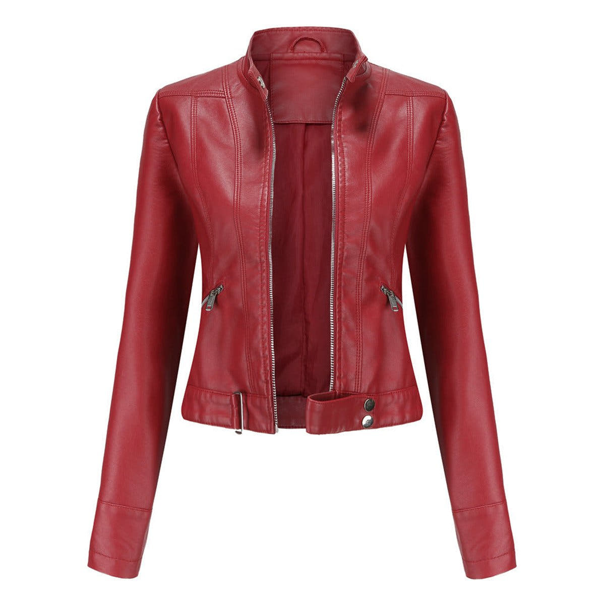 Victoria Women's Cropped Faux Leather Jacket Stand-Collar Moto Biker - Nora & Rose Maine, view 5