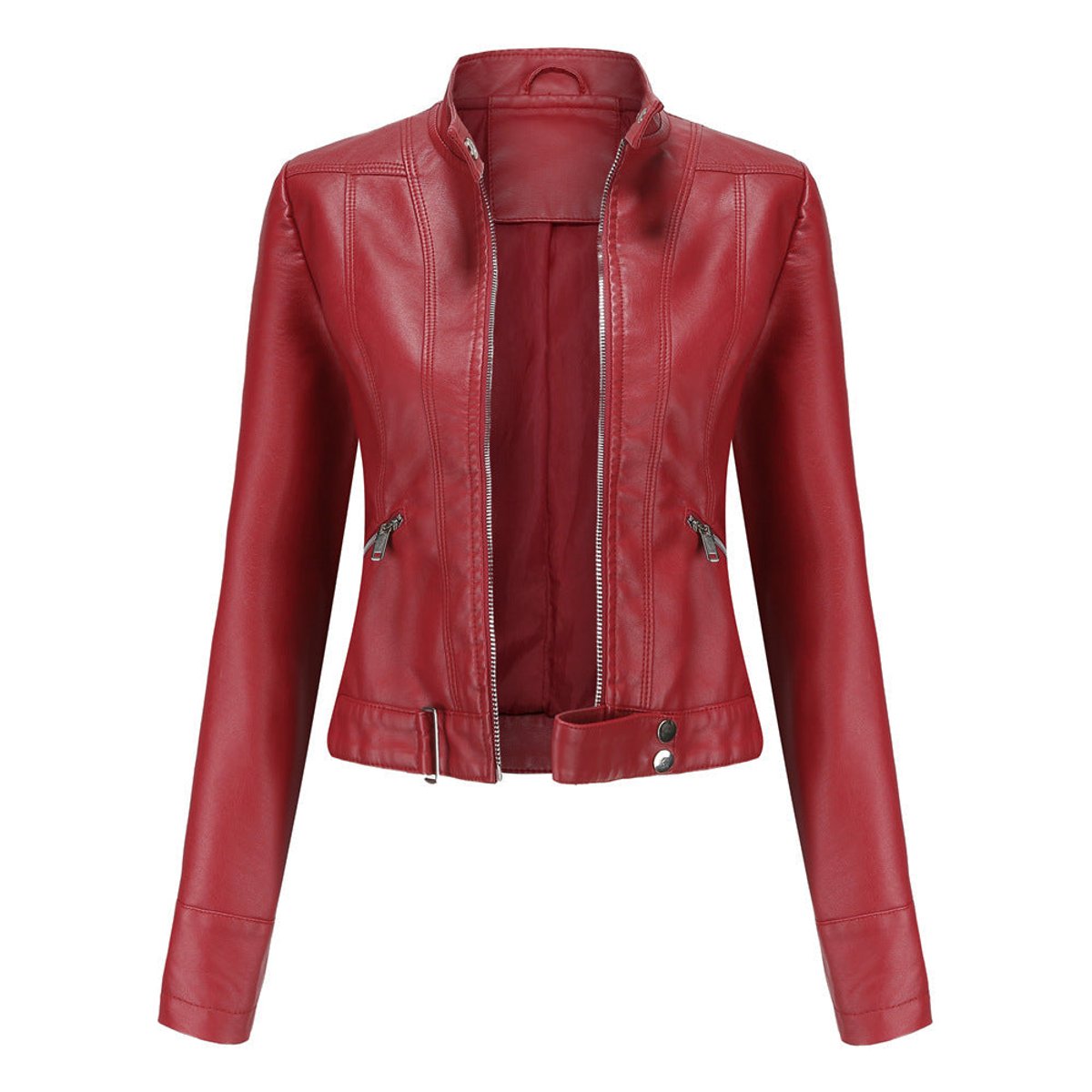 Victoria Women's Cropped Faux Leather Jacket Stand-Collar Moto Biker - Nora & Rose Maine, view 5