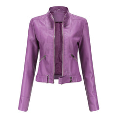 Victoria Women's Cropped Faux Leather Jacket Stand-Collar Moto Biker - Nora & Rose Maine, view 6