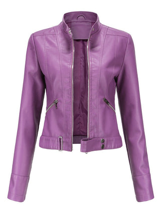 Victoria Women's Cropped Faux Leather Jacket Stand-Collar Moto Biker - Nora & Rose Maine, view 6