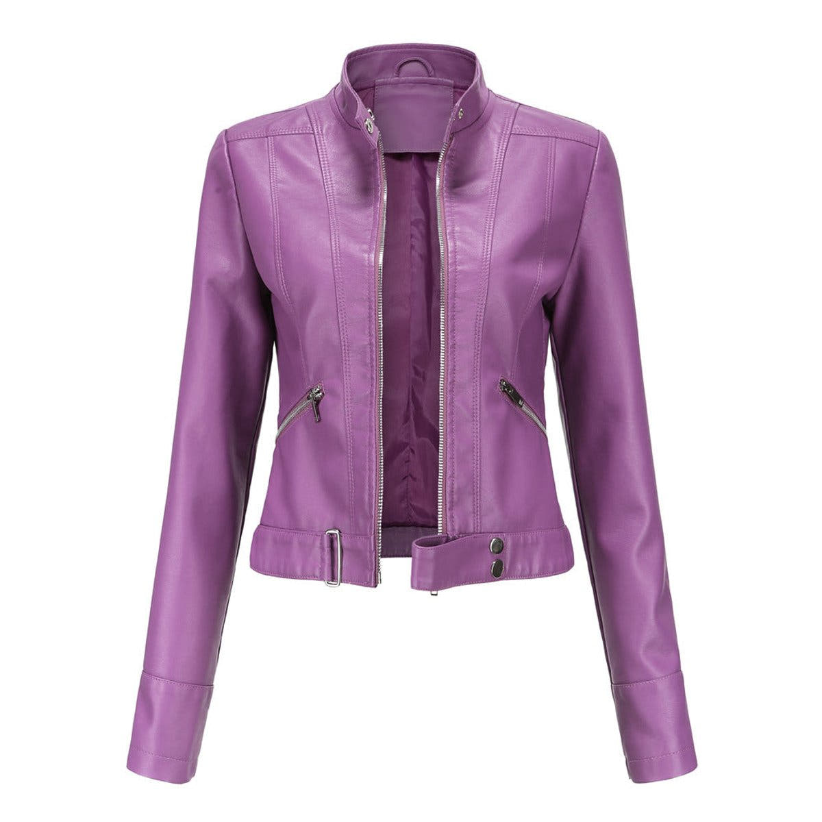 Victoria Women's Cropped Faux Leather Jacket Stand-Collar Moto Biker - Nora & Rose Maine, view 6