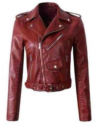 Aria Women's Cropped Moto Faux Leather Jacket Belted Biker - Nora & Rose Maine