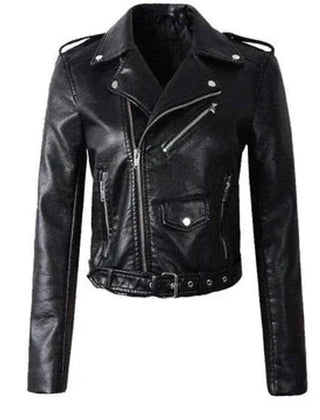 Aria Women's Cropped Moto Faux Leather Jacket Belted Biker - Nora & Rose Maine, view 2