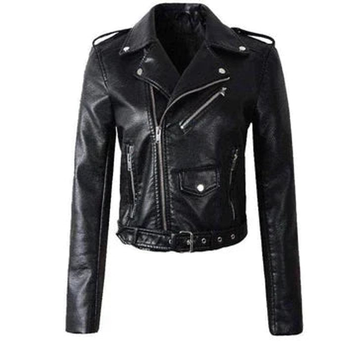 Aria Women's Cropped Moto Faux Leather Jacket Belted Biker - Nora & Rose Maine, view 2