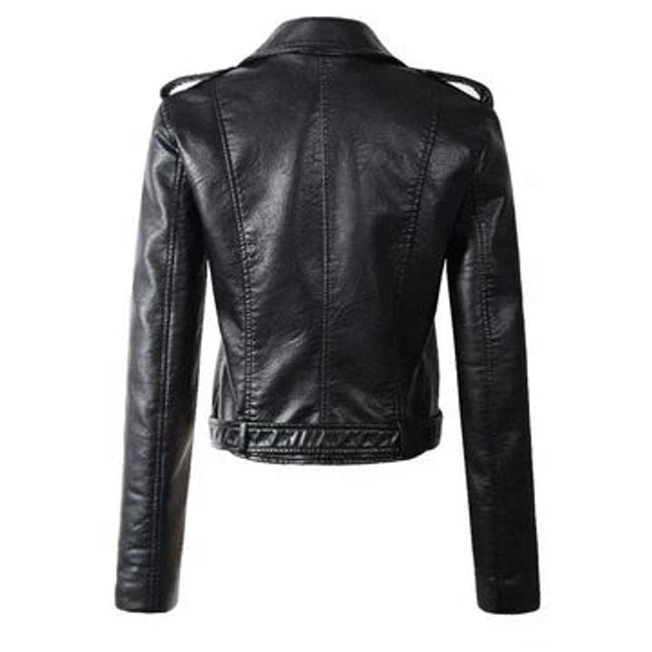 Aria Women's Cropped Moto Faux Leather Jacket Belted Biker - Nora & Rose Maine, view 5